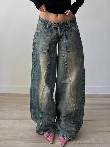 Volunoluxe Women’s Retro Washed Denim Jeans – Low-Waist Loose Casual Pants with Pockets
