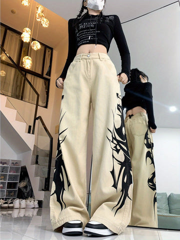 VolunoLuxe Women’s Vintage Wide-Leg Jeans – Light Beige/Brown Retro Wash Denim Pants, Loose Straight-Leg Trousers, 70s/80s Inspired All-Season Casual to Formal Wear (Hand Washable)