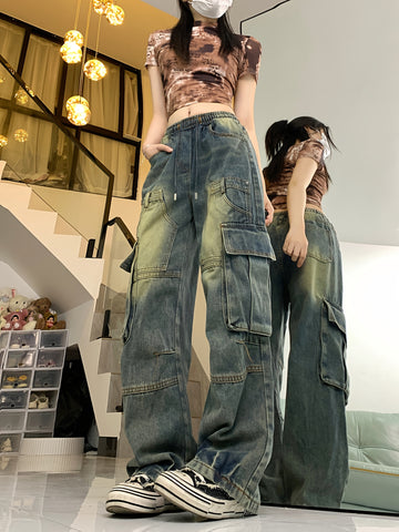 VolunoLuxe Women’s Retro High-Rise Cargo Jeans – Loose Fit Wide-Leg Utility Denim with Multi Pockets, Vintage Blue Cotton Hip-Hop Streetwear Pants