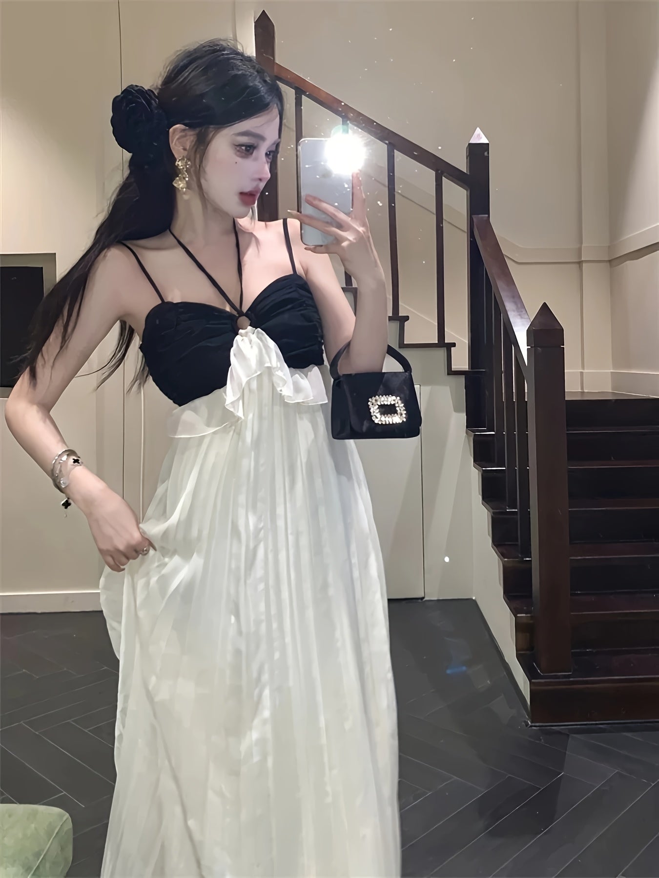 VolunoLuxe French-Inspired Maxi Dress – Elegant Color Block Off-Shoulder High-Low Gown