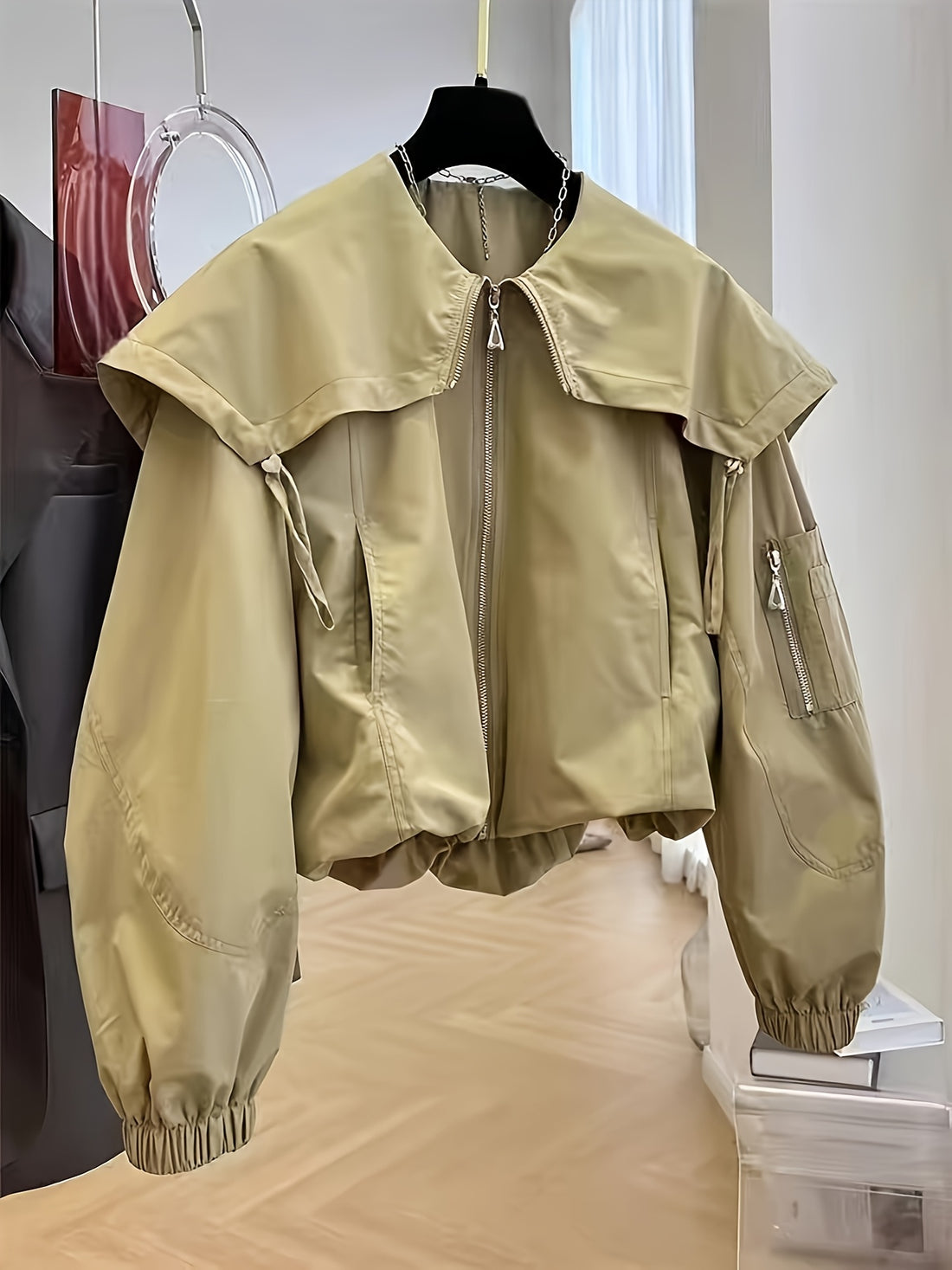 VolunoLuxe Women’s Casual Beige Bomber Jacket – Stylish Long Sleeve with Turnover Collar & Zipper Pockets, Non-Stretch Fabric for Spring/Fall Wear
