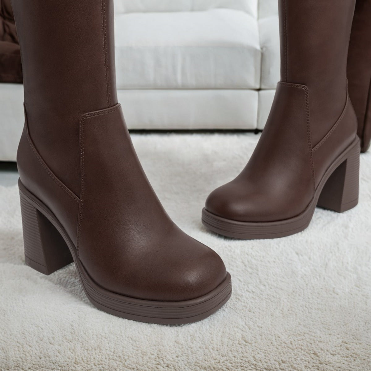 Volunoluxe Women’s 2025 Elastic PU Knee-High Boots – Chunky Low Block Heel, Square Toe, Full-Zipper, Slip TPR Sole for All-Season Casual & Formal Wear