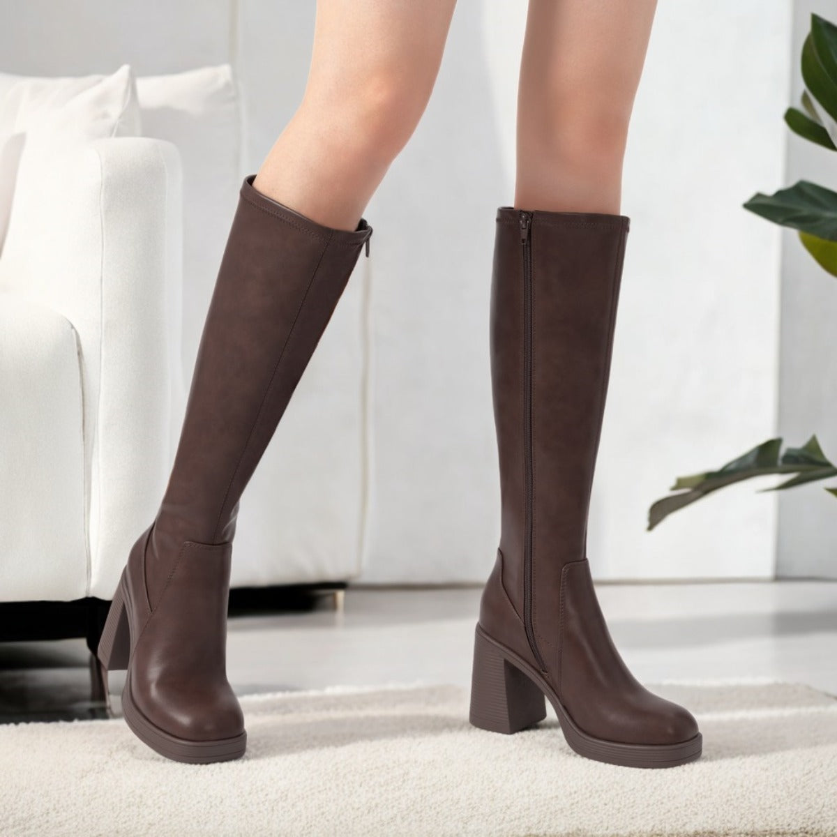 Volunoluxe Women’s 2025 Elastic PU Knee-High Boots – Chunky Low Block Heel, Square Toe, Full-Zipper, Slip TPR Sole for All-Season Casual & Formal Wear