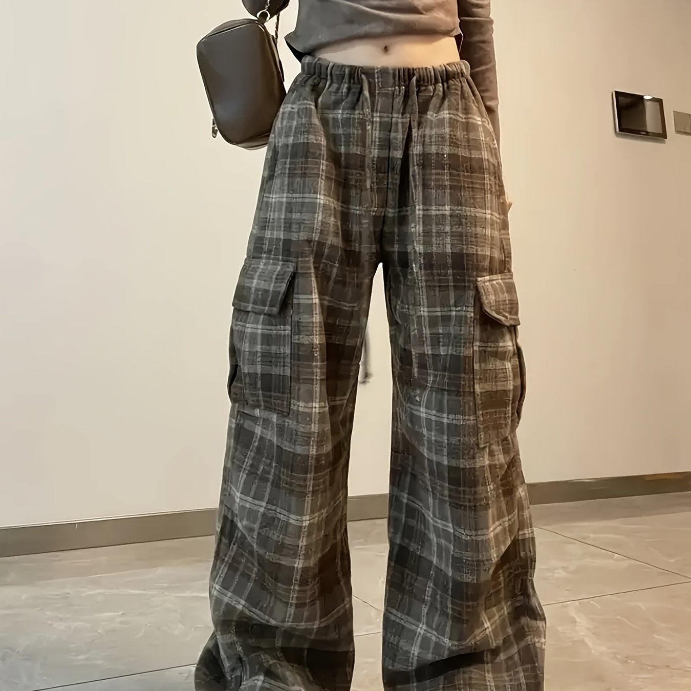Volunoluxe Vintage Plaid Cargo Pants – Women’s High-Waist Straight-Leg Trousers with Multiple Pockets, Retro Hip-Hop Casual Style for Teens & Adults