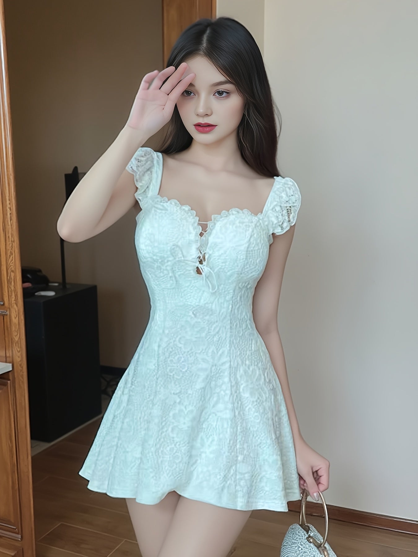 VolunoLuxe Sexy Lace Mini Dress – Elegant V-Neck A-Line with Ruffled Sleeves