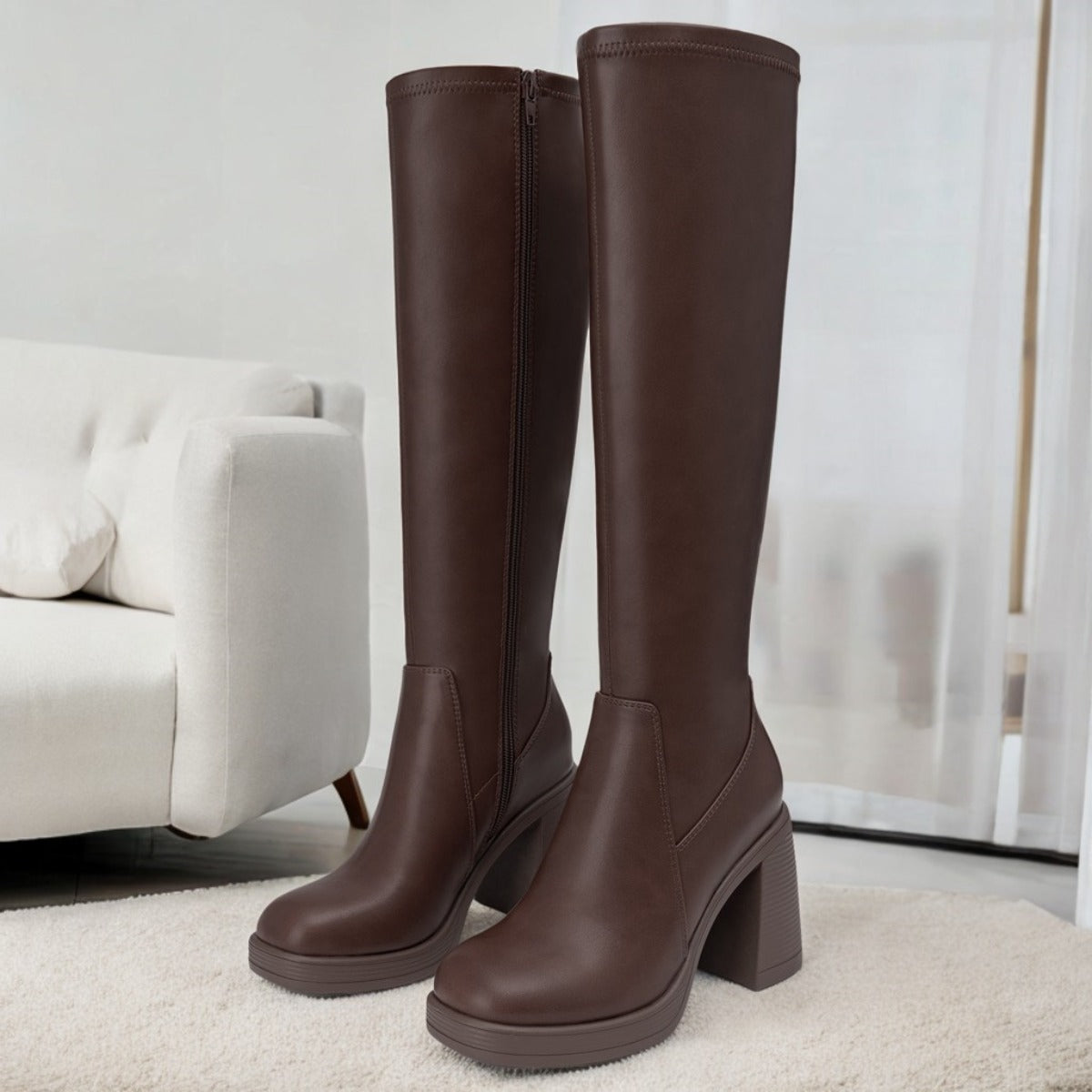 Volunoluxe Women’s 2025 Elastic PU Knee-High Boots – Chunky Low Block Heel, Square Toe, Full-Zipper, Slip TPR Sole for All-Season Casual & Formal Wear
