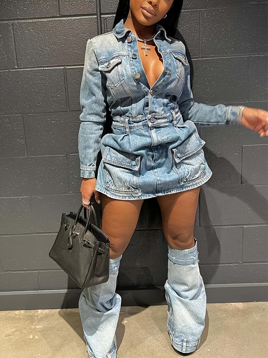Volunoluxe Women’s Mini Vintage Denim Overalls Dress – Long Sleeves, Button Lapel, Non-Stretch Fabric with Pockets, Spring/Summer Wear