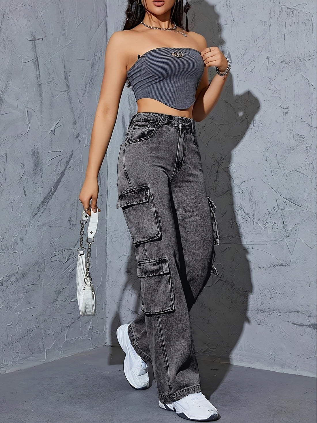 VolunoLuxe Women’s High-Waisted Wide-Leg Cargo Jeans – Heavy-Duty Durable Denim with Multi Utility Pockets, Beltless Zipper Closure, Straight-Leg Ankle Length All-Season Casual & Work Pants