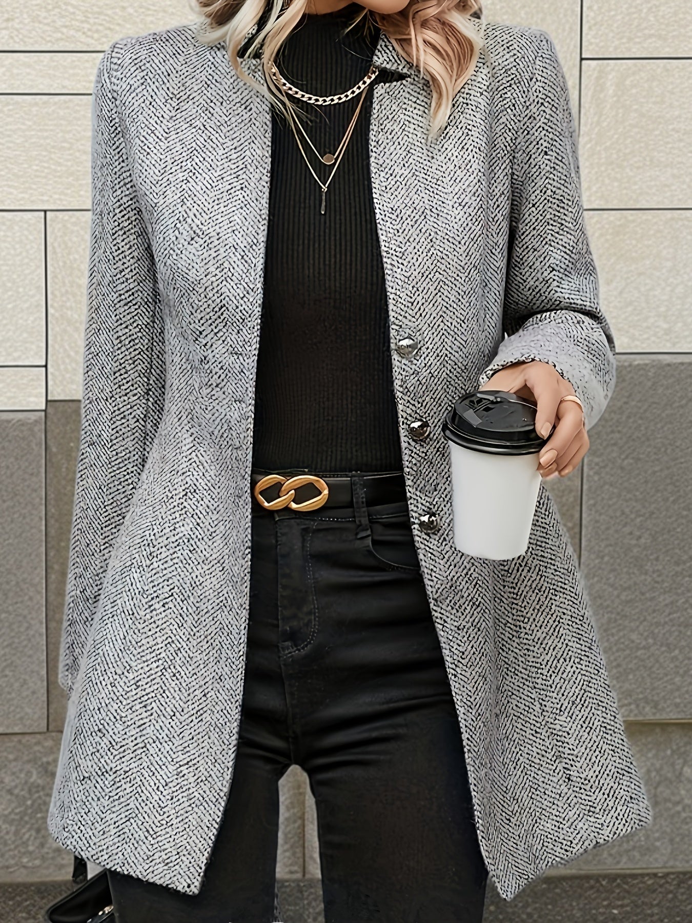 Volunoluxe Women’s Tweed Coat – Elegant Beige H-Silhouette Long Sleeve Winter Jacket for Office, Parties & Casual Wear, Non-Stretch Tailored Fit