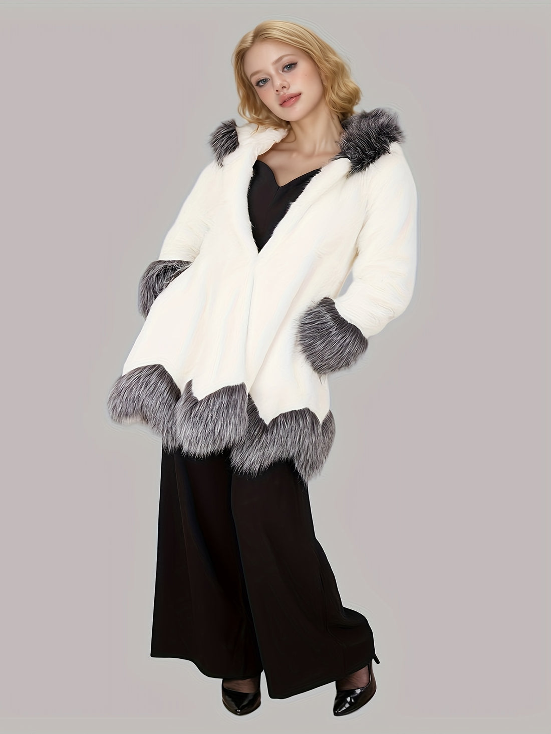 Volunoluxe Women’s Plus Size Faux Rabbit & Fox Fur Coat – Hooded Long Sleeve Jacket with Pockets, Belted A-Line Silhouette for Autumn/Winter