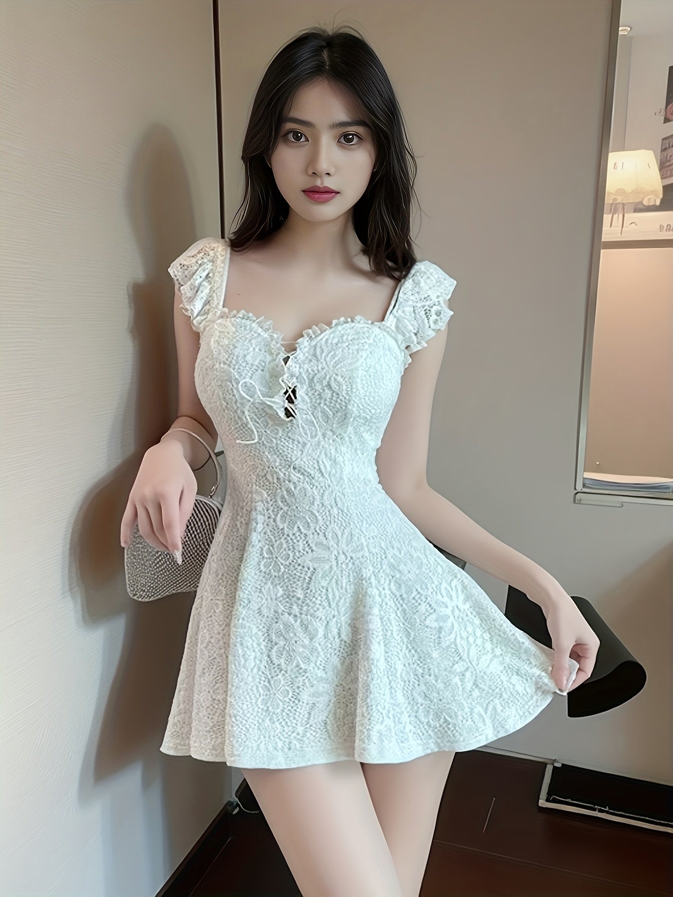VolunoLuxe Sexy Lace Mini Dress – Elegant V-Neck A-Line with Ruffled Sleeves