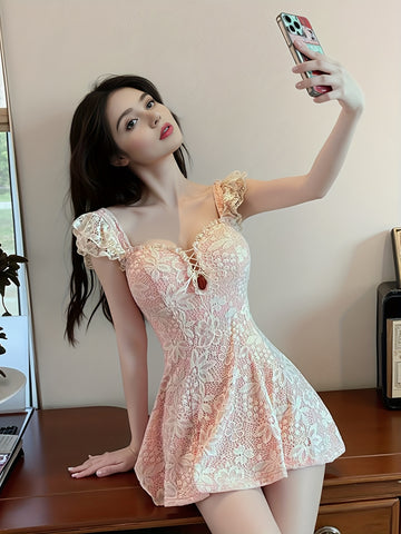 VolunoLuxe Sexy Lace Mini Dress – Elegant V-Neck A-Line with Ruffled Sleeves