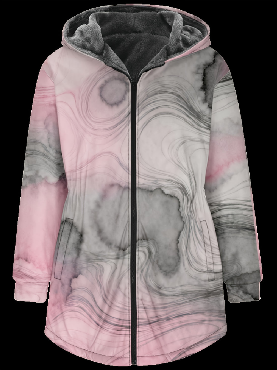 Volunoluxe Men’s Winter 3D Marble Print Hooded Coat – Full-Zip Long Jacket with Hood, Belted Waist, Warm Breathable Outdoor Outerwear (Pink/Gray/White)