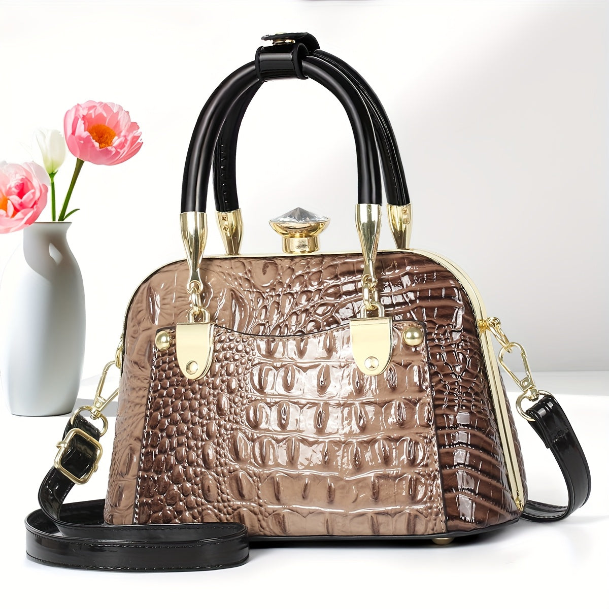 VolunoLuxe Shell Bag – 2025 Shiny Crocodile-Pattern Leather Crossbody Handbag