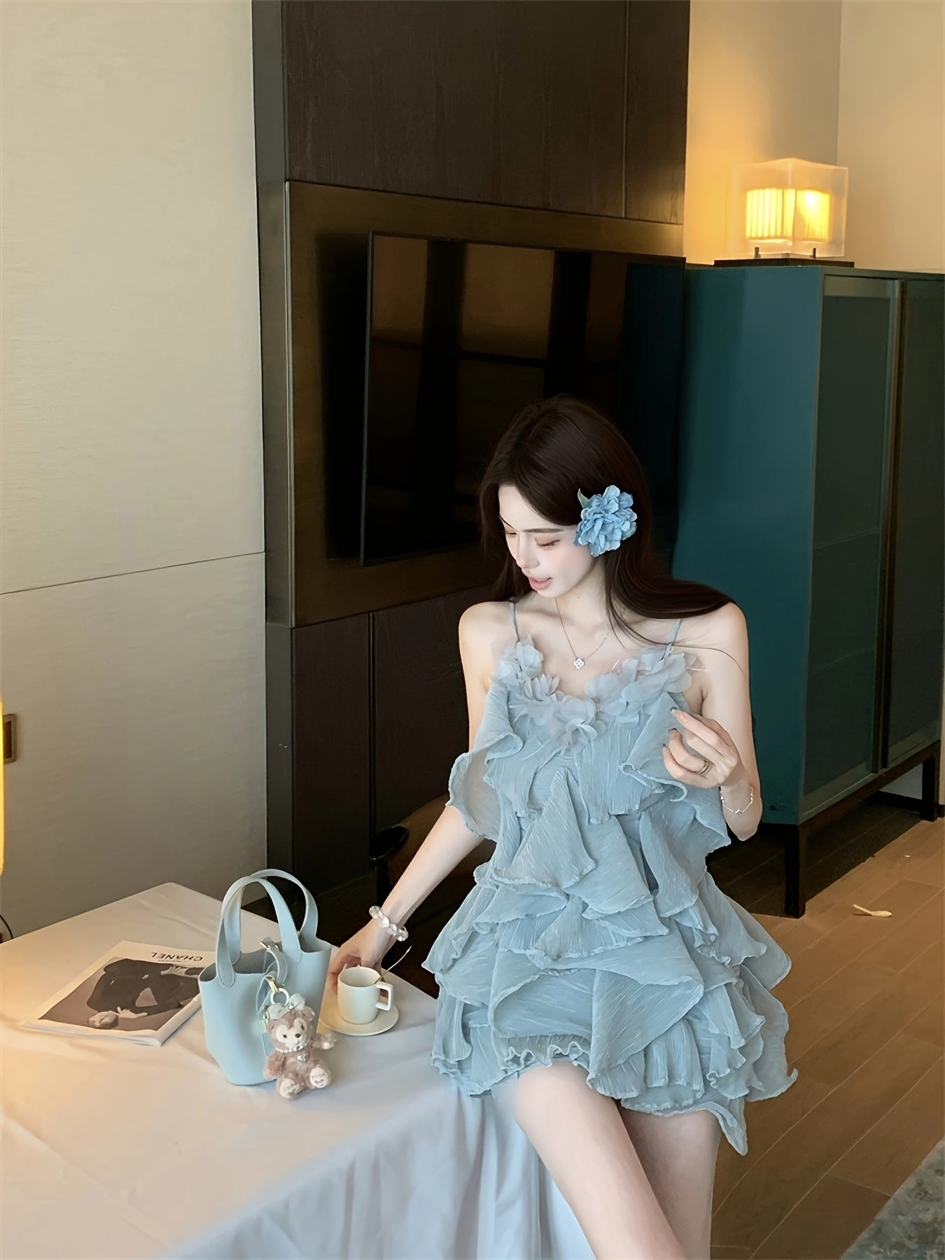 VolunoLuxe Women’s Summer Floral Dress – Chiffon Short V-Neck with Layered Ruffles