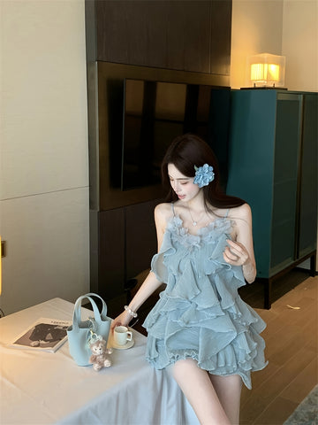 VolunoLuxe Women’s Summer Floral Dress – Chiffon Short V-Neck with Layered Ruffles