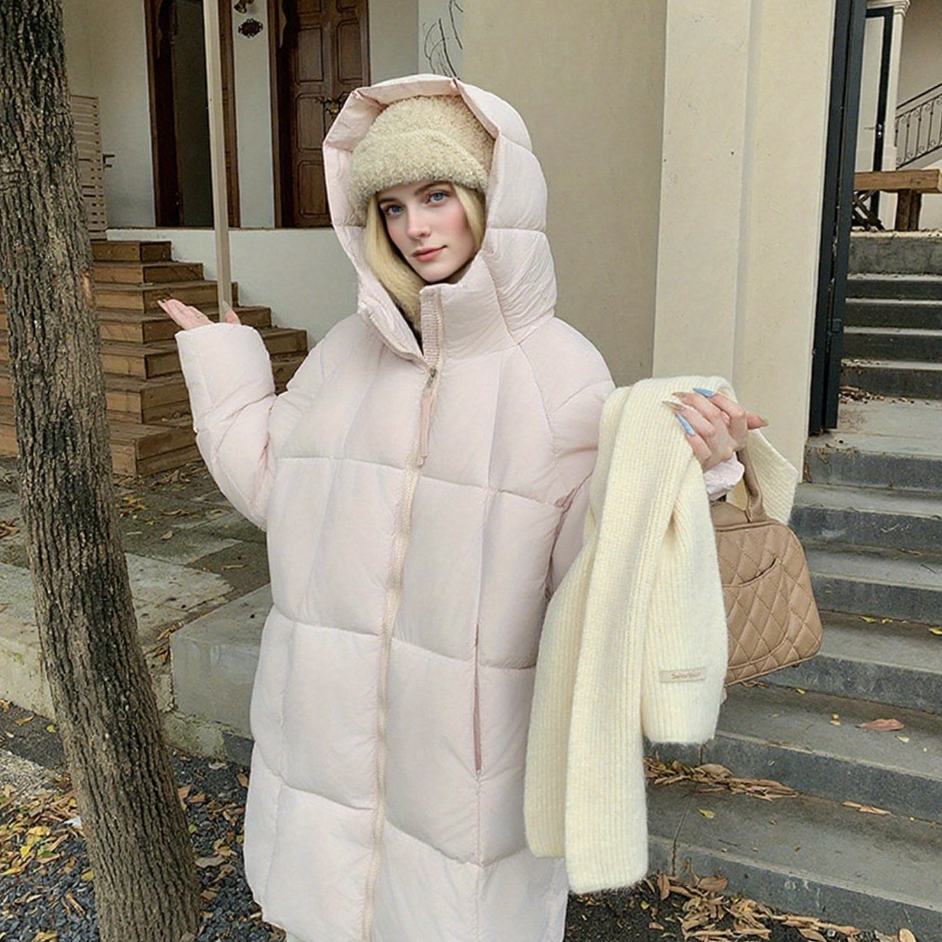 VolunoLuxe Women’s Oversized Hooded Puffer Coat – Soft Pink Mid-Length Winter Jacket with Full-Zip Closure, Machine Washable Casual & Elegant Outerwear in Multiple Colors