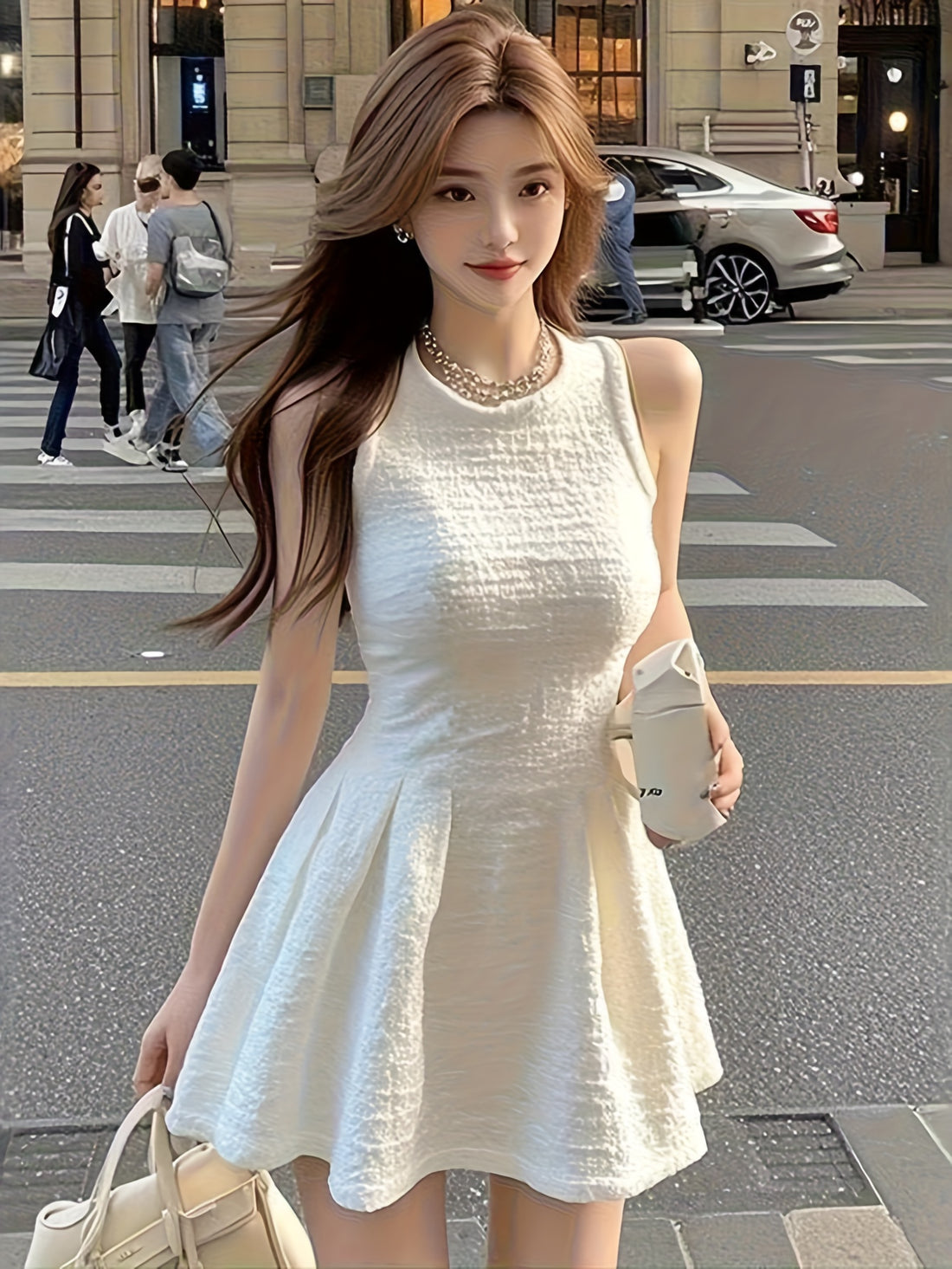 VolunoLuxe French Chic White Mini Dress – Women’s Sleeveless Round Neck A-Line Summer Outfit