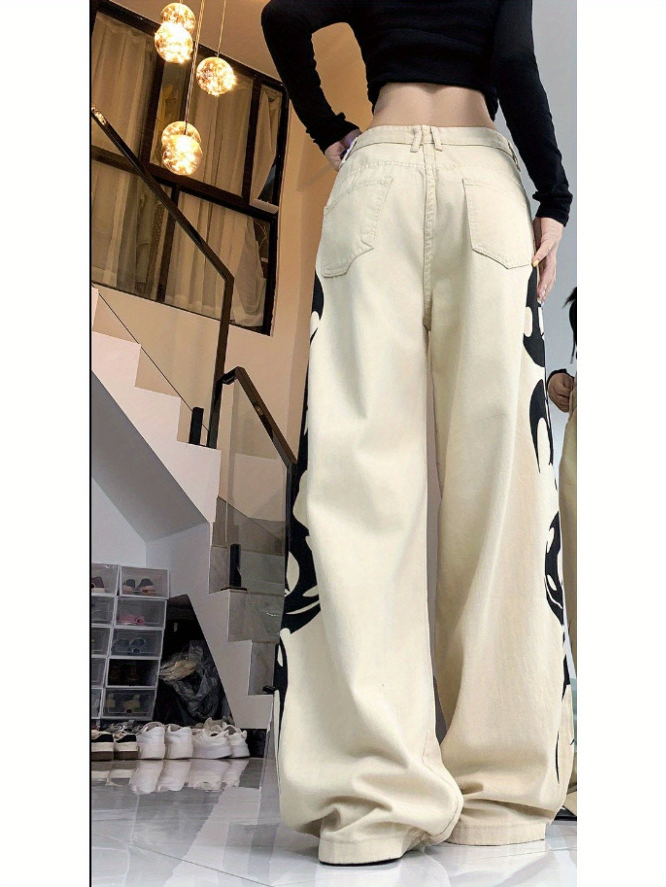 VolunoLuxe Women’s Vintage Wide-Leg Jeans – Light Beige/Brown Retro Wash Denim Pants, Loose Straight-Leg Trousers, 70s/80s Inspired All-Season Casual to Formal Wear (Hand Washable)