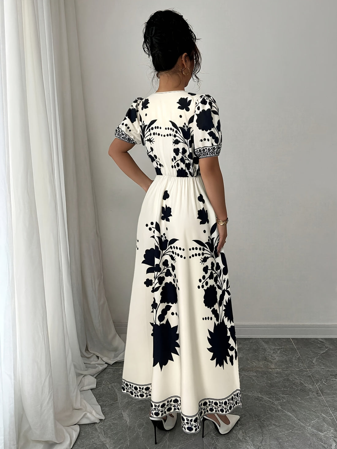 Volunoluxe Women’s Elegant Floral V-Neck Dress – Front Tie Waist, Casual Mid-Length Lightweight Summer Dress for Everyday Wear