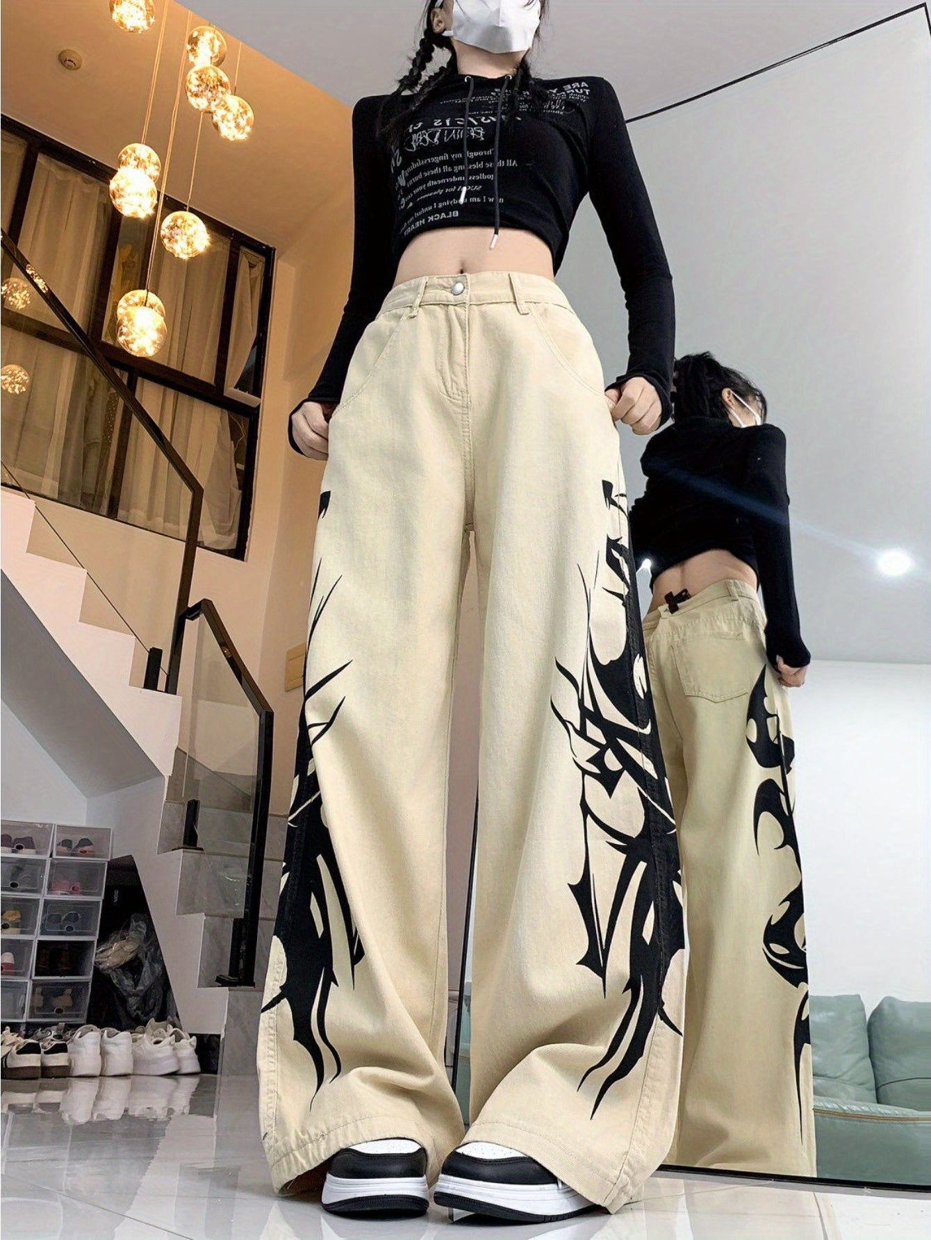 VolunoLuxe Women’s Vintage Wide-Leg Jeans – Light Beige/Brown Retro Wash Denim Pants, Loose Straight-Leg Trousers, 70s/80s Inspired All-Season Casual to Formal Wear (Hand Washable)