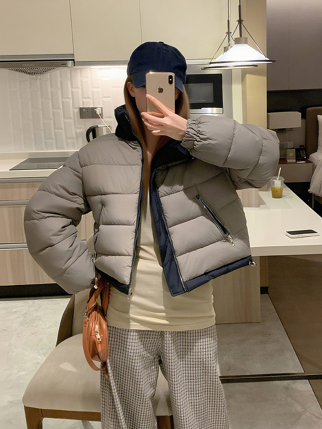 VolunoLuxe Women’s Reversible Stand Collar Coat – Two-Tone Casual Winter Jacket with Pockets, Long Sleeve Solid Color Block Outerwear for Layering