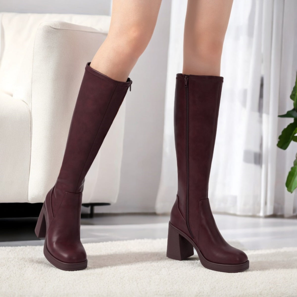 Volunoluxe Women’s 2025 Elastic PU Knee-High Boots – Chunky Low Block Heel, Square Toe, Full-Zipper, Slip TPR Sole for All-Season Casual & Formal Wear