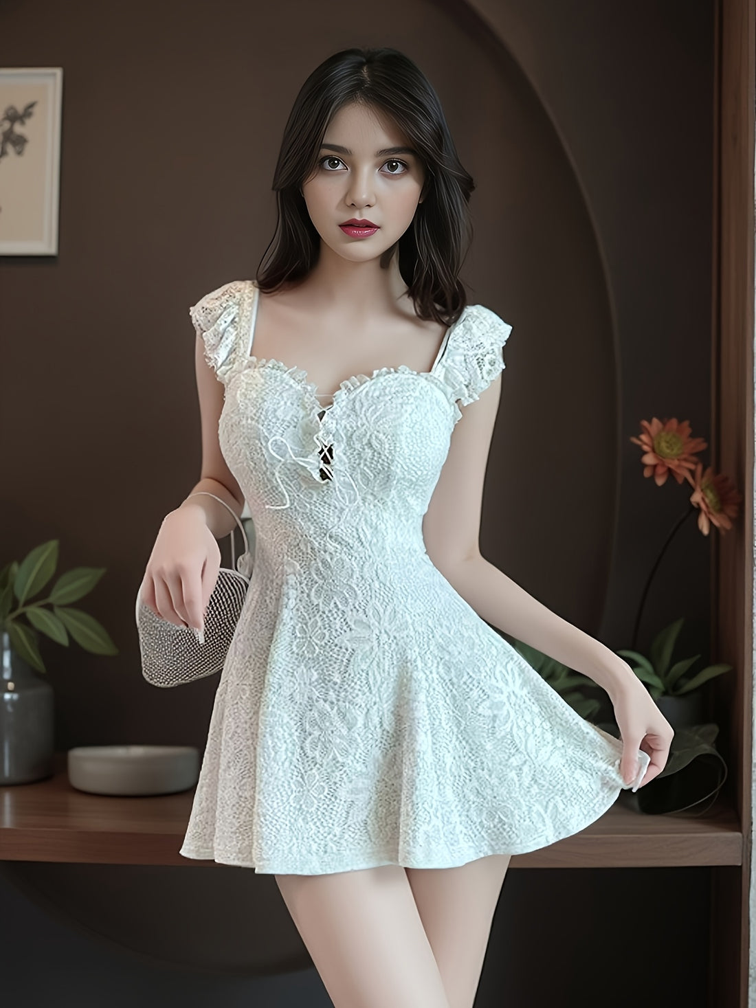 VolunoLuxe Sexy Lace Mini Dress – Elegant V-Neck A-Line with Ruffled Sleeves