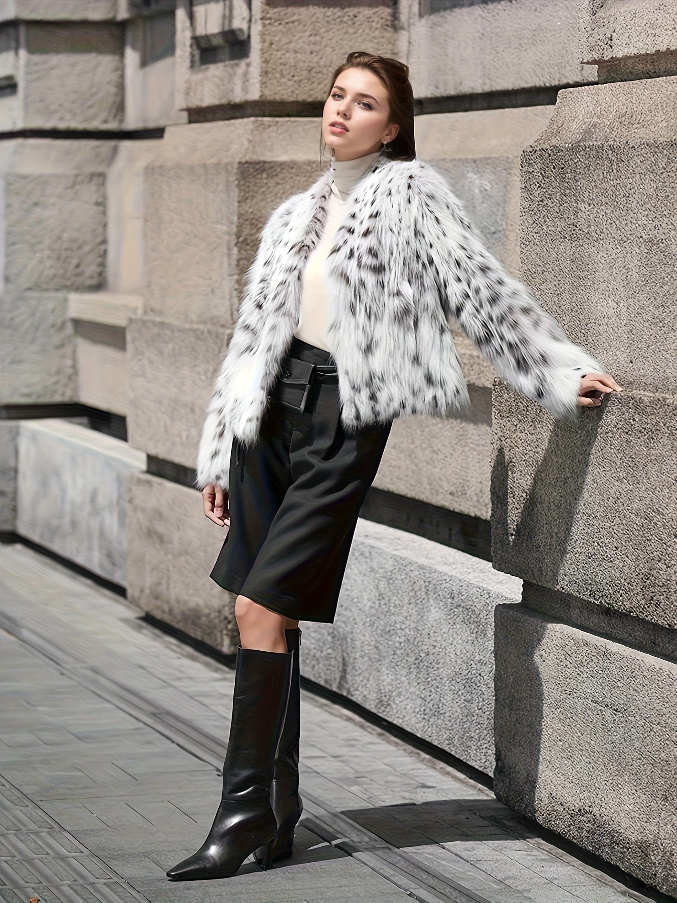 Volunoluxe Women’s Elegant Leopard Print Faux Fur Jacket – Fluffy Long Sleeve Outerwear with Lapel Collar, Cozy Fall/Winter Stylish Coat