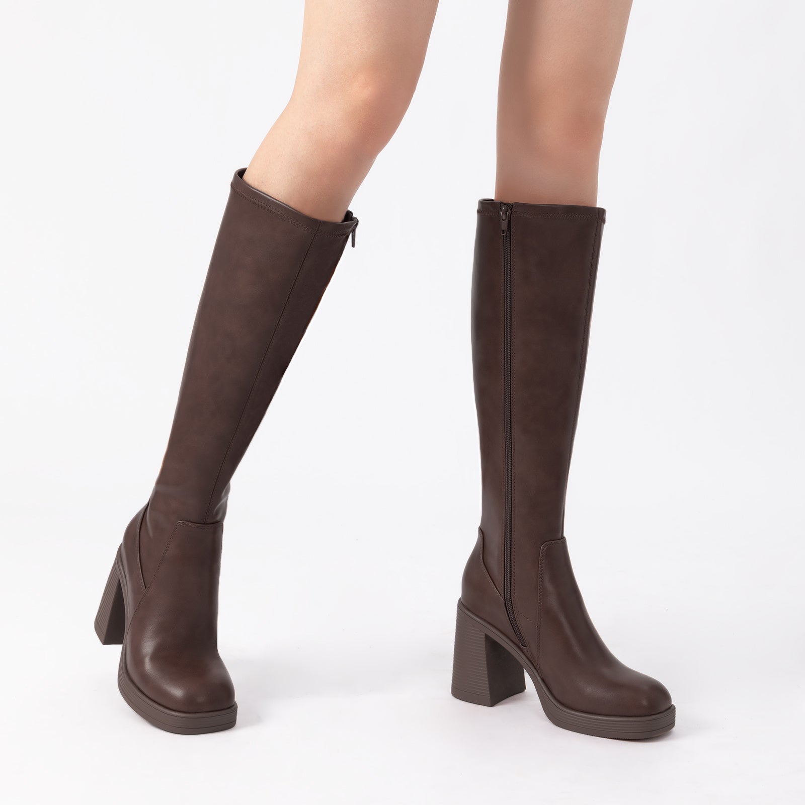 Volunoluxe Women’s 2025 Elastic PU Knee-High Boots – Chunky Low Block Heel, Square Toe, Full-Zipper, Slip TPR Sole for All-Season Casual & Formal Wear