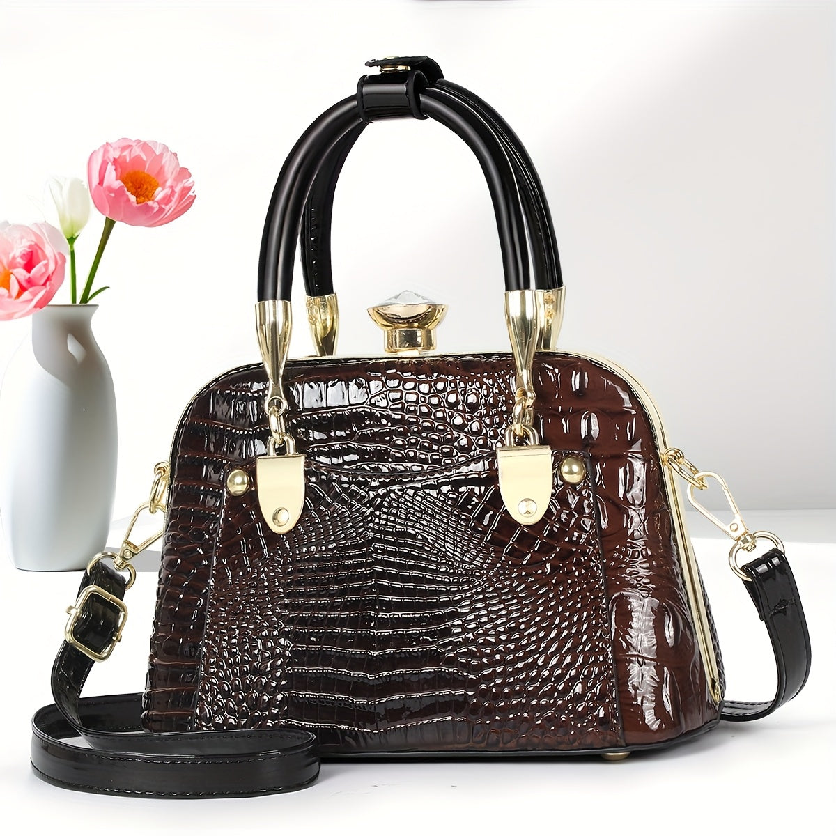 VolunoLuxe Shell Bag – 2025 Shiny Crocodile-Pattern Leather Crossbody Handbag