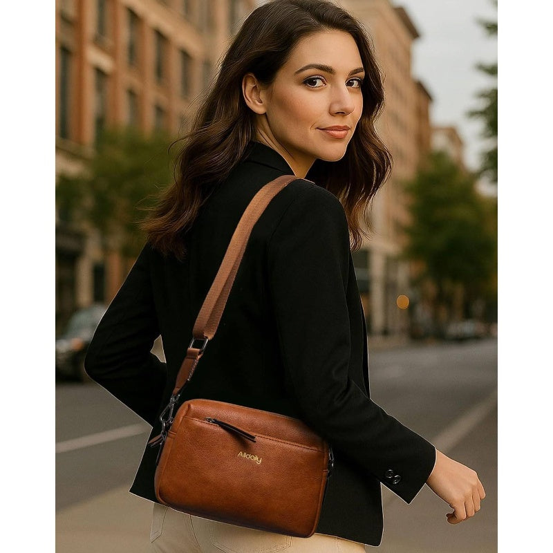 VolunoLuxe Women’s Vegan Leather Crossbody – Small Phone Bag with Wide Strap & Triple Zipper