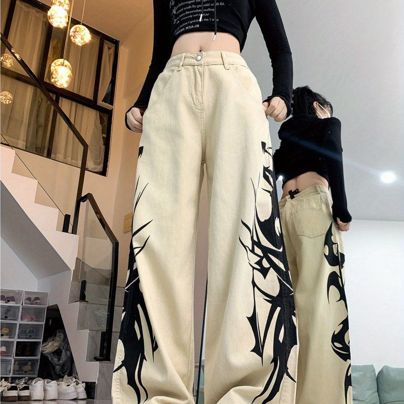 VolunoLuxe Women’s Vintage Wide-Leg Jeans – Light Beige/Brown Retro Wash Denim Pants, Loose Straight-Leg Trousers, 70s/80s Inspired All-Season Casual to Formal Wear (Hand Washable)