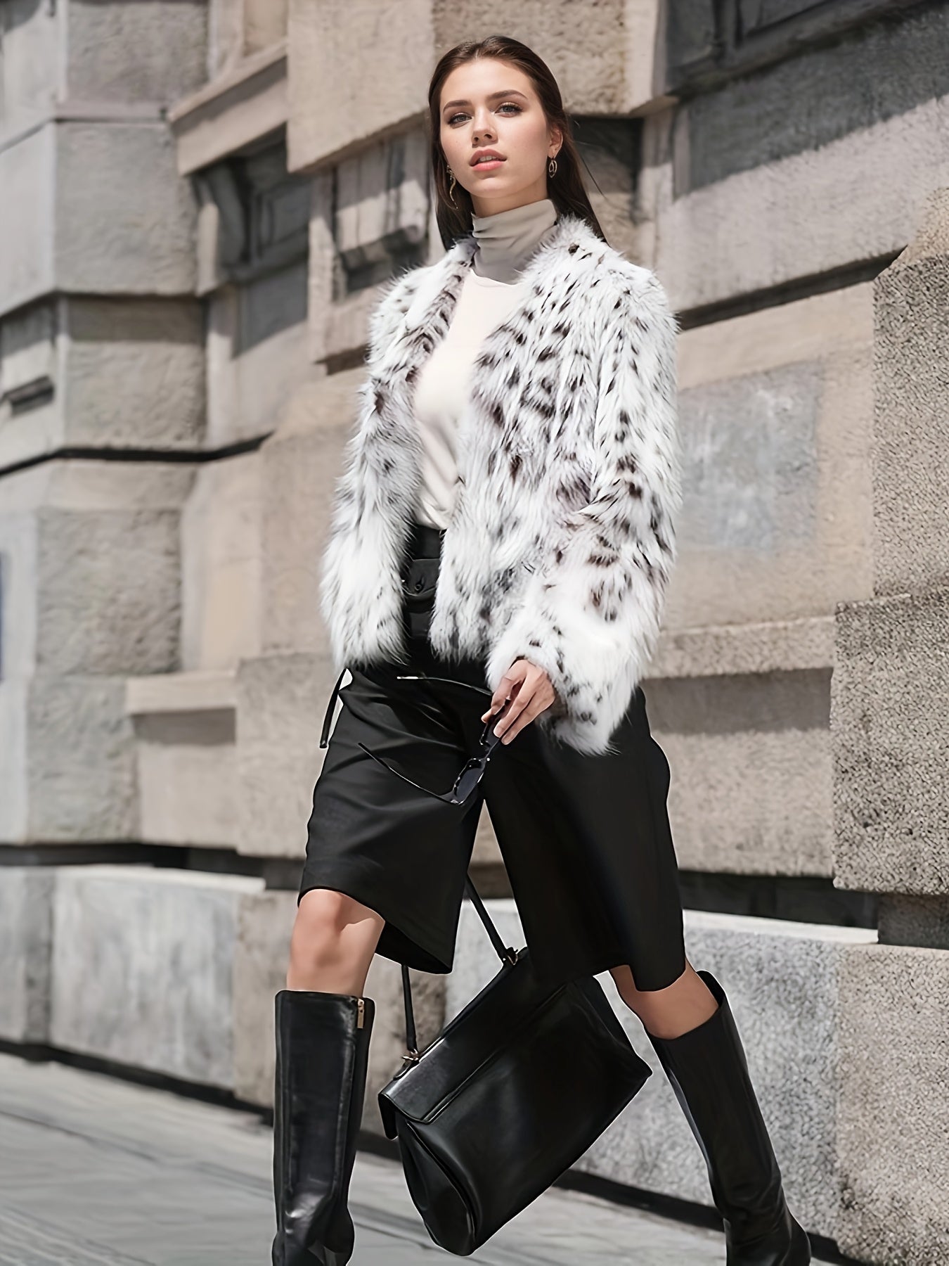 Volunoluxe Women’s Elegant Leopard Print Faux Fur Jacket – Fluffy Long Sleeve Outerwear with Lapel Collar, Cozy Fall/Winter Stylish Coat