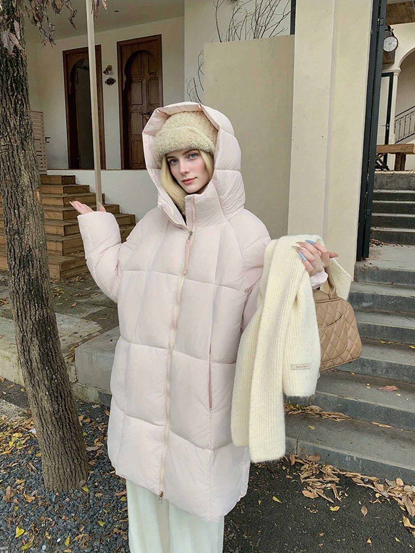 VolunoLuxe Women’s Oversized Hooded Puffer Coat – Soft Pink Mid-Length Winter Jacket with Full-Zip Closure, Machine Washable Casual & Elegant Outerwear in Multiple Colors
