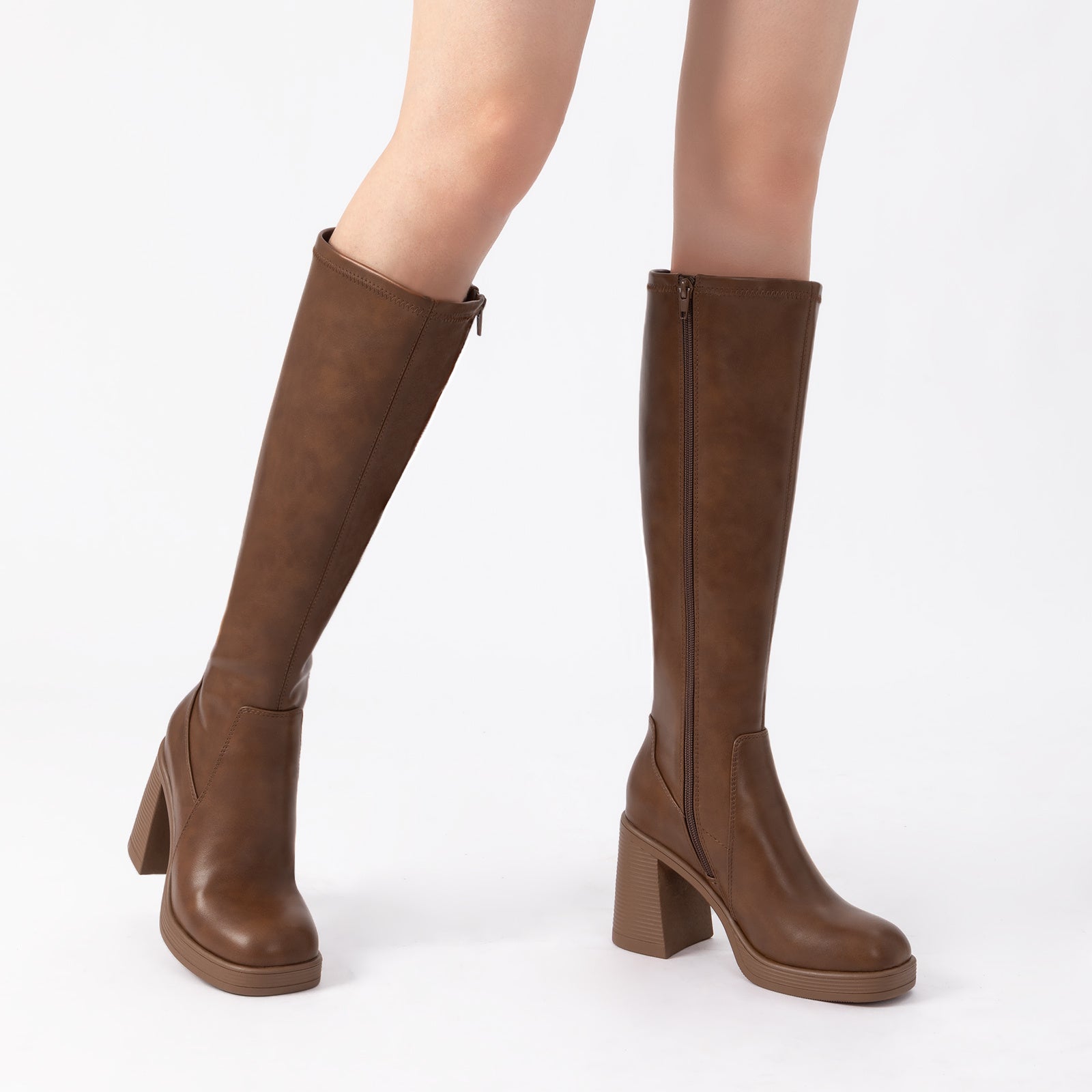 Volunoluxe Women’s 2025 Elastic PU Knee-High Boots – Chunky Low Block Heel, Square Toe, Full-Zipper, Slip TPR Sole for All-Season Casual & Formal Wear