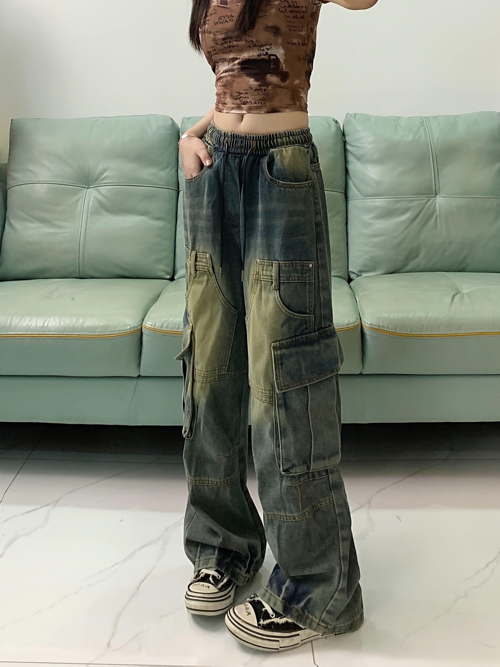 VolunoLuxe Women’s Retro High-Rise Cargo Jeans – Loose Fit Wide-Leg Utility Denim with Multi Pockets, Vintage Blue Cotton Hip-Hop Streetwear Pants