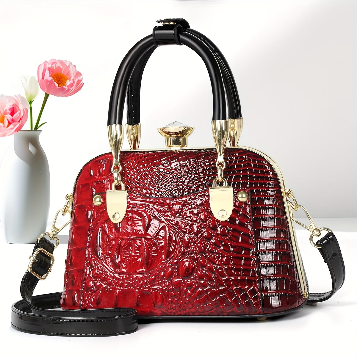 VolunoLuxe Shell Bag – 2025 Shiny Crocodile-Pattern Leather Crossbody Handbag