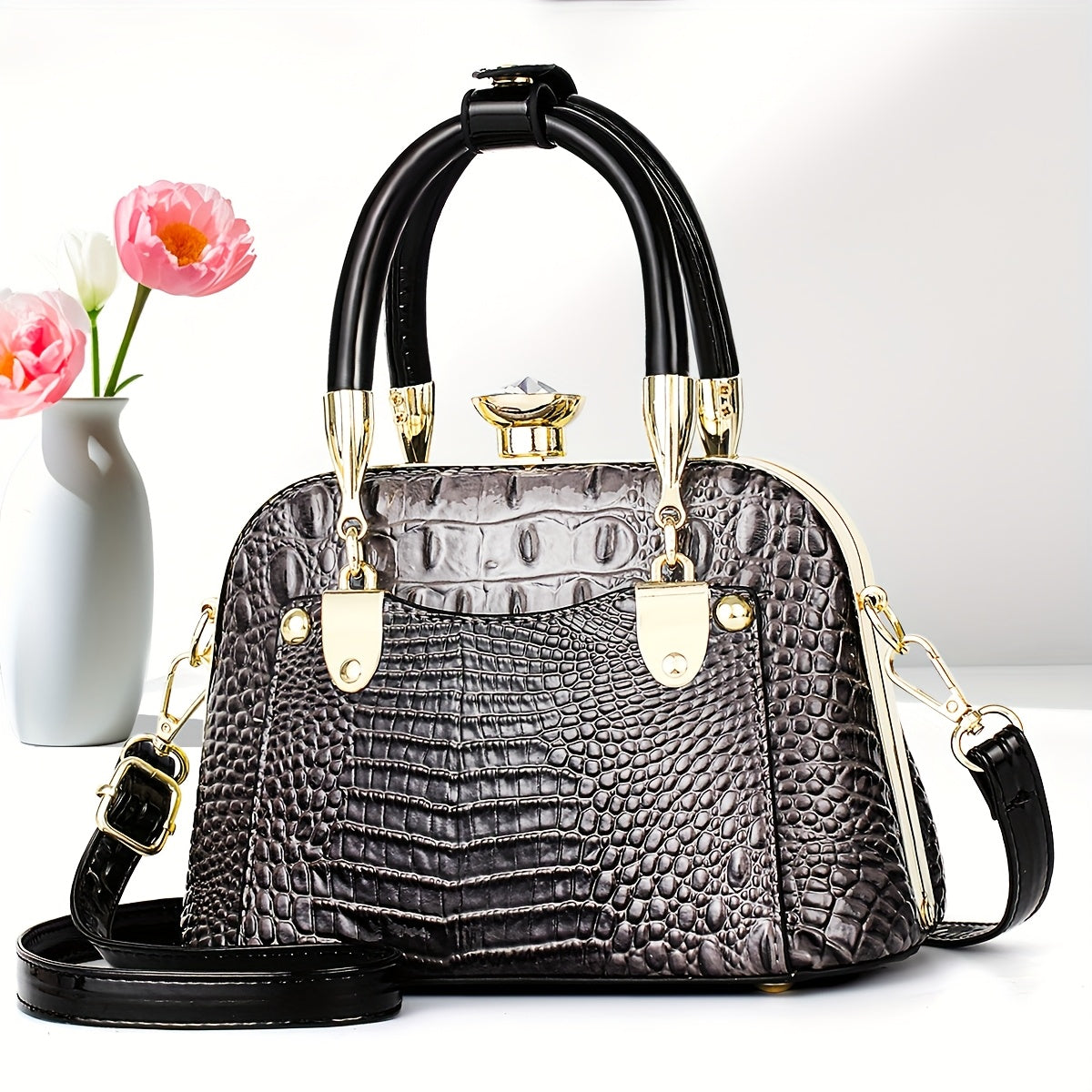 VolunoLuxe Shell Bag – 2025 Shiny Crocodile-Pattern Leather Crossbody Handbag