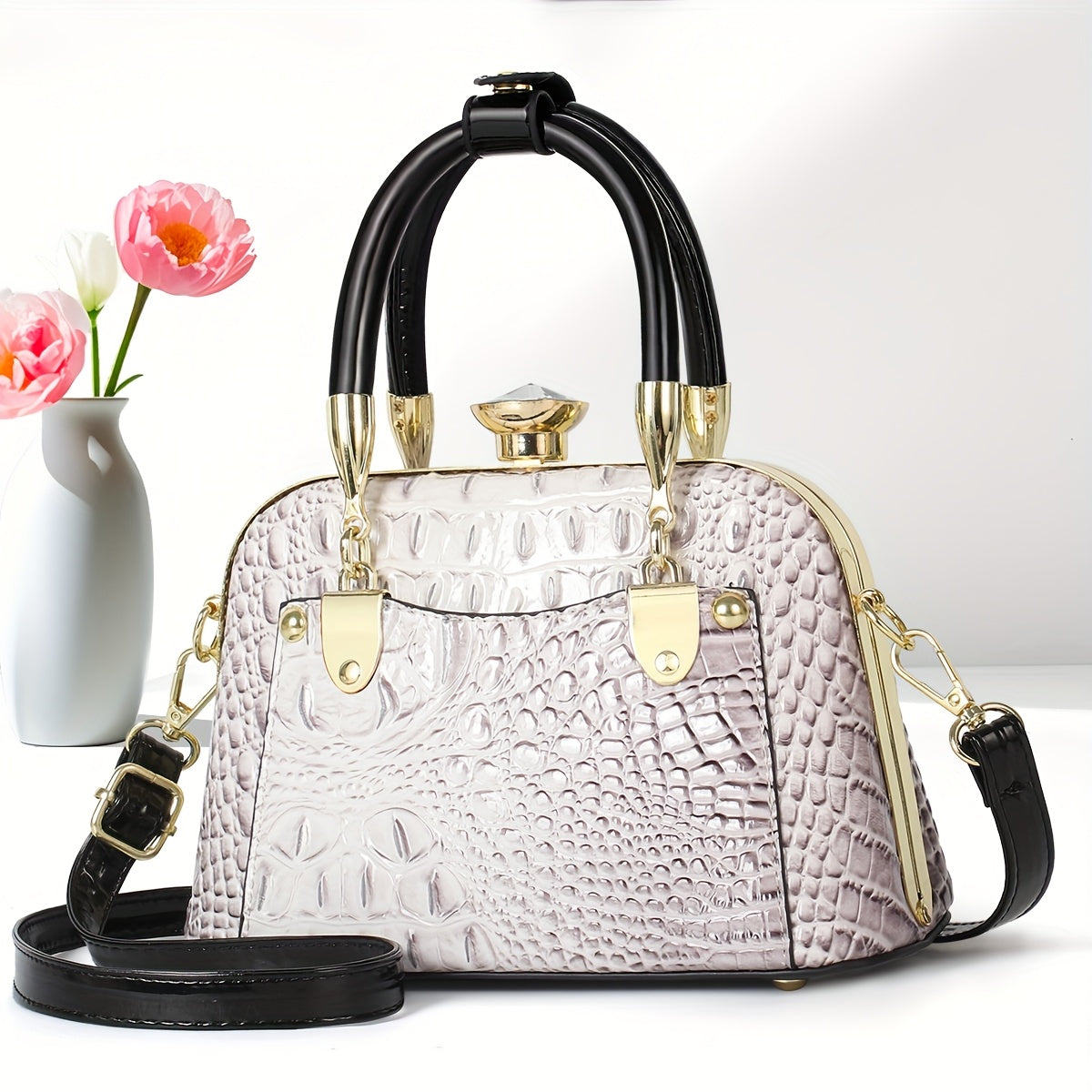 VolunoLuxe Shell Bag – 2025 Shiny Crocodile-Pattern Leather Crossbody Handbag