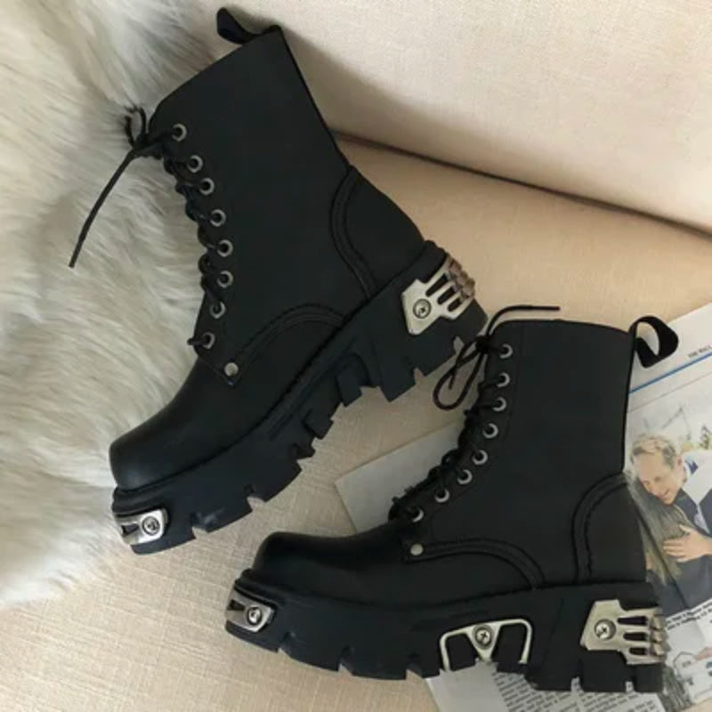 Volunoluxe Women’s Fashionable Chunky Ankle Boots – Metal Accents, Perfect for Motorcycle Enthusiasts