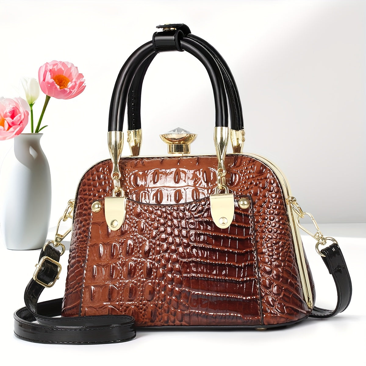 VolunoLuxe Shell Bag – 2025 Shiny Crocodile-Pattern Leather Crossbody Handbag