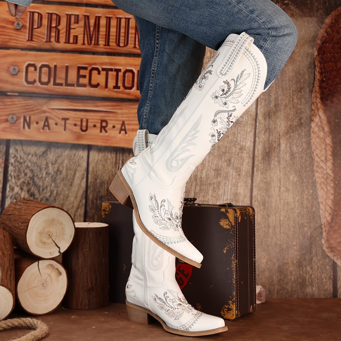 Volunoluxe Women’s Vintage-Inspired Denim Boots – Sequin & Rhinestone Accents, Pointed Toe, Chunky Heel, Zip Closure, All-Season Fashion