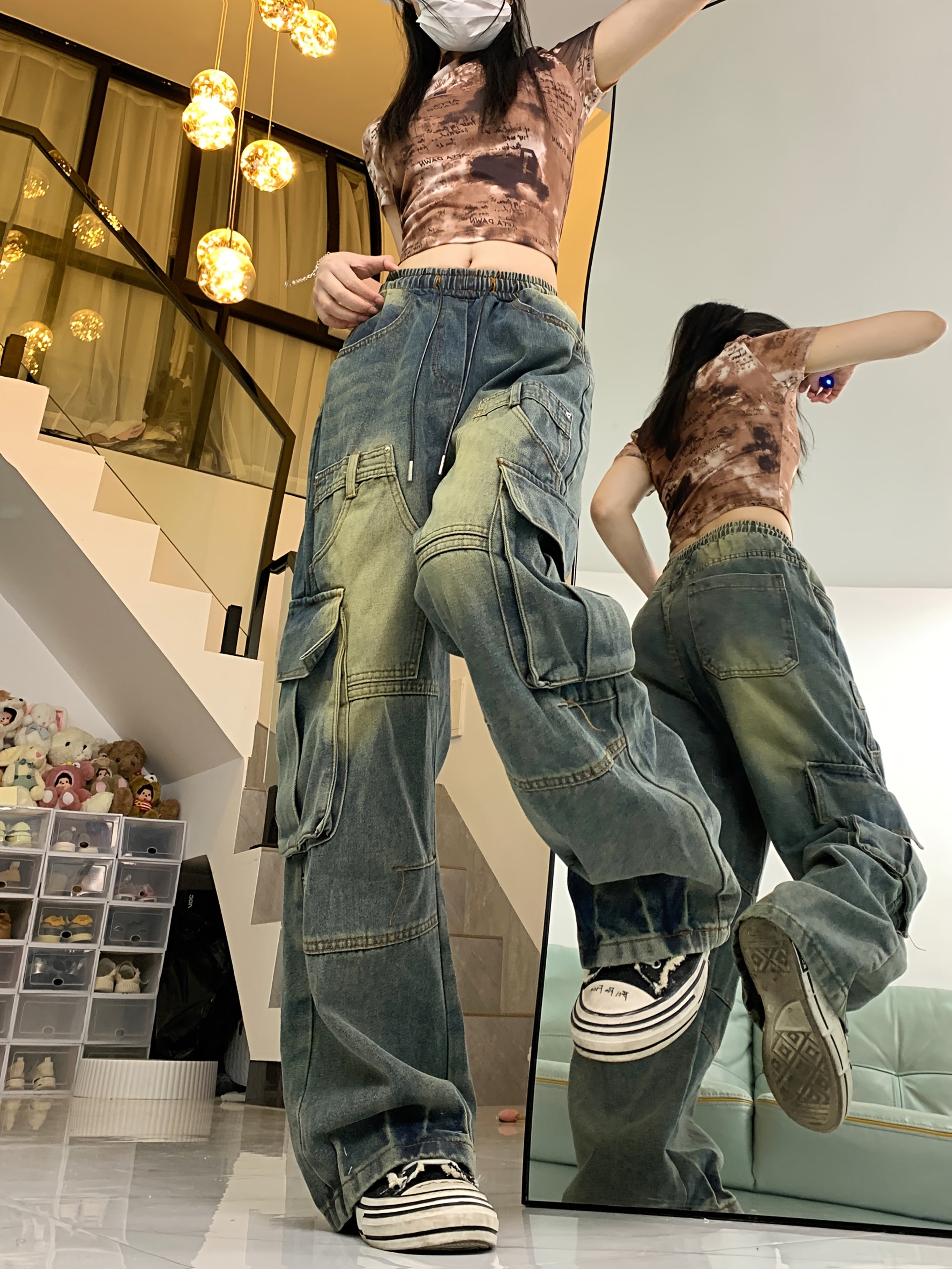 VolunoLuxe Women’s Retro High-Rise Cargo Jeans – Loose Fit Wide-Leg Utility Denim with Multi Pockets, Vintage Blue Cotton Hip-Hop Streetwear Pants
