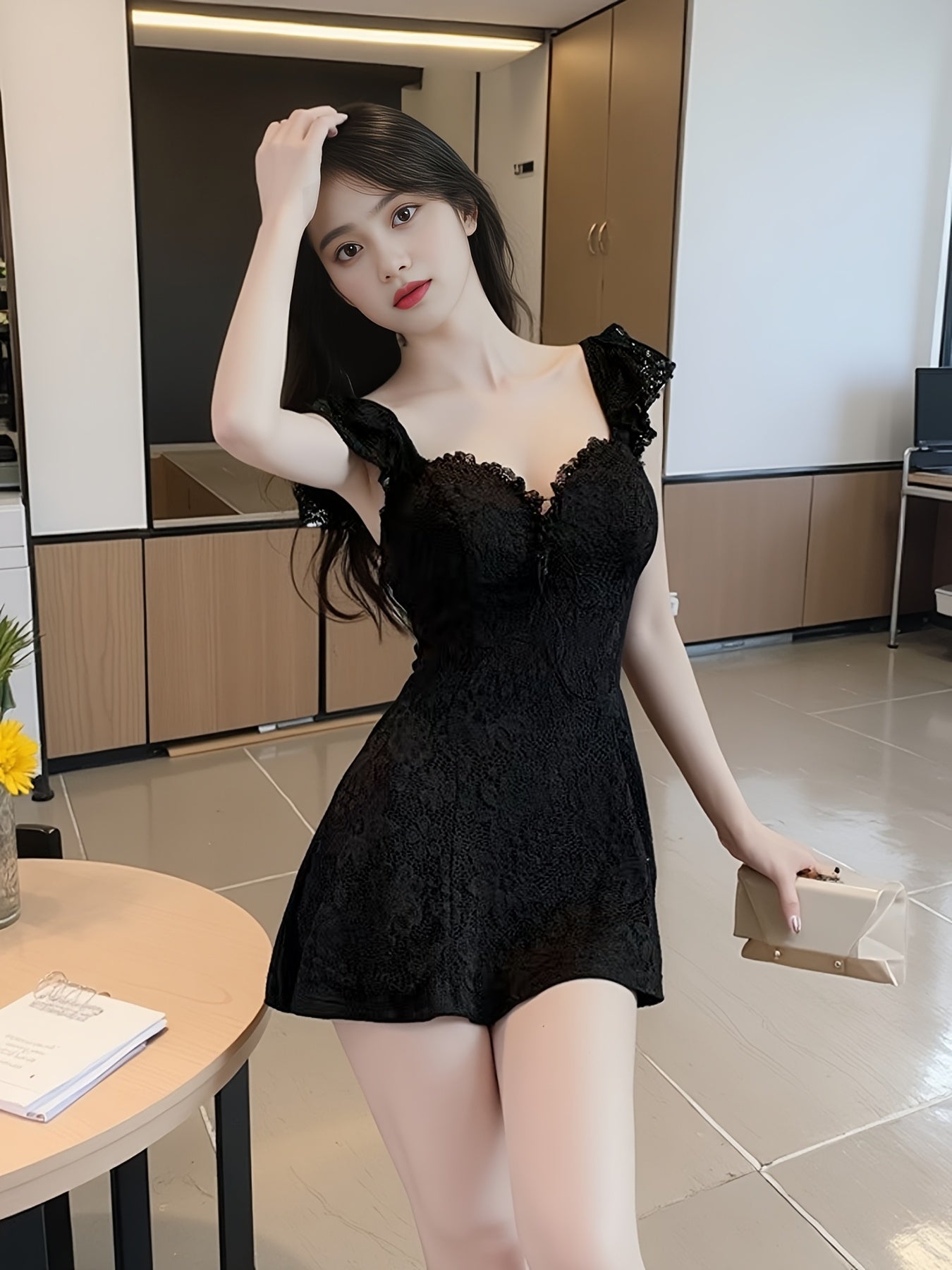 VolunoLuxe Sexy Lace Mini Dress – Elegant V-Neck A-Line with Ruffled Sleeves