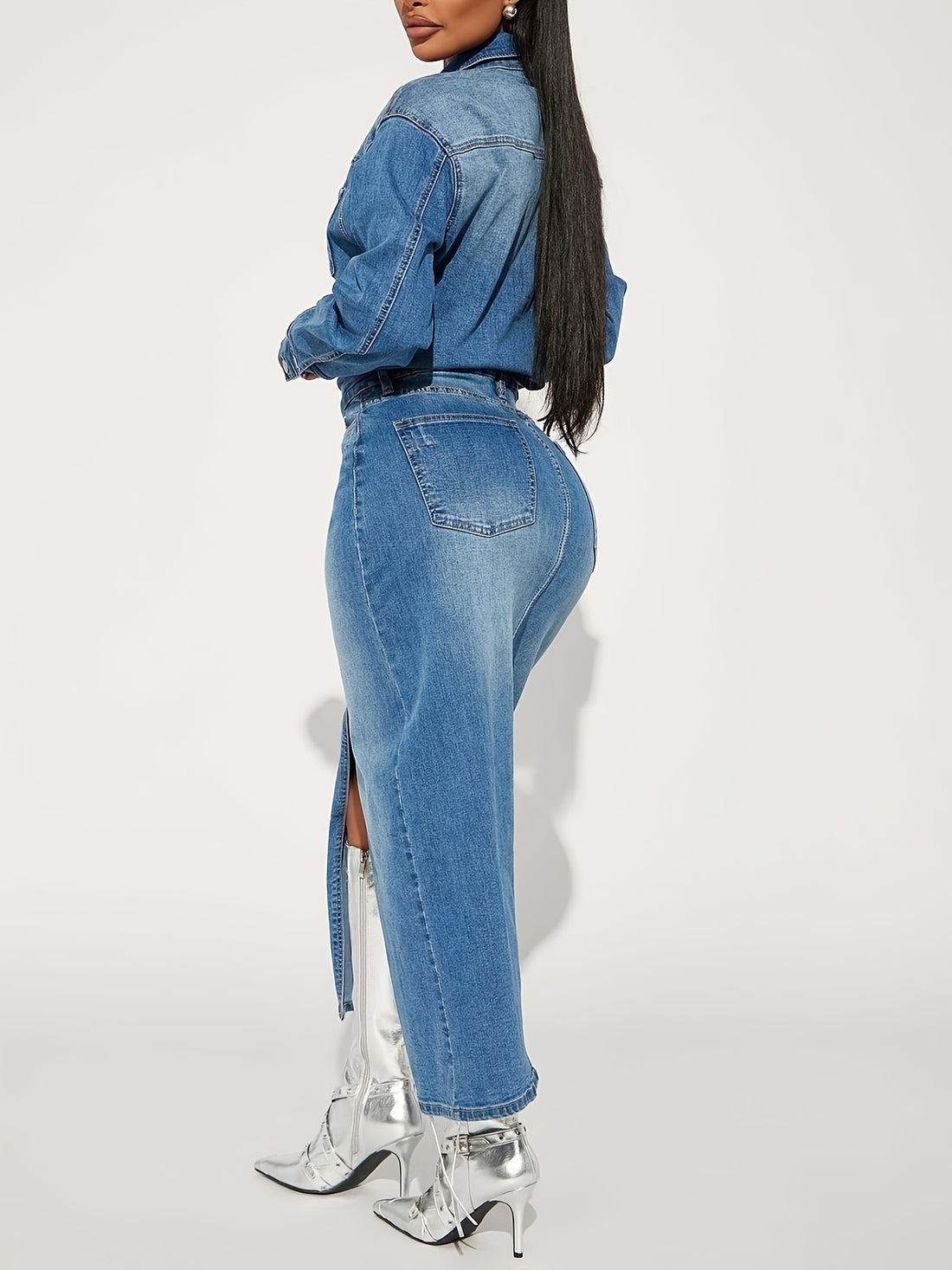 Volunoluxe Women’s Structured Lapel Collar Denim Dress – Long Sleeve, Button-Front, High Waist Slim Fit with Slit Hem, Solid Blue for Spring/Autumn Casual & Semi-Formal Wear
