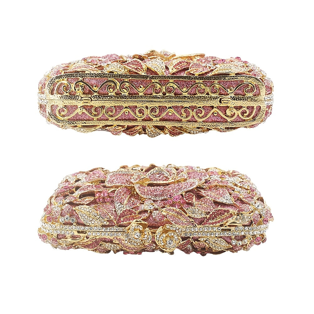 VolunoLuxe Women’s Pink Floral Rhinestone Clutch – Elegant Sparkly Evening Bag with Embroidery