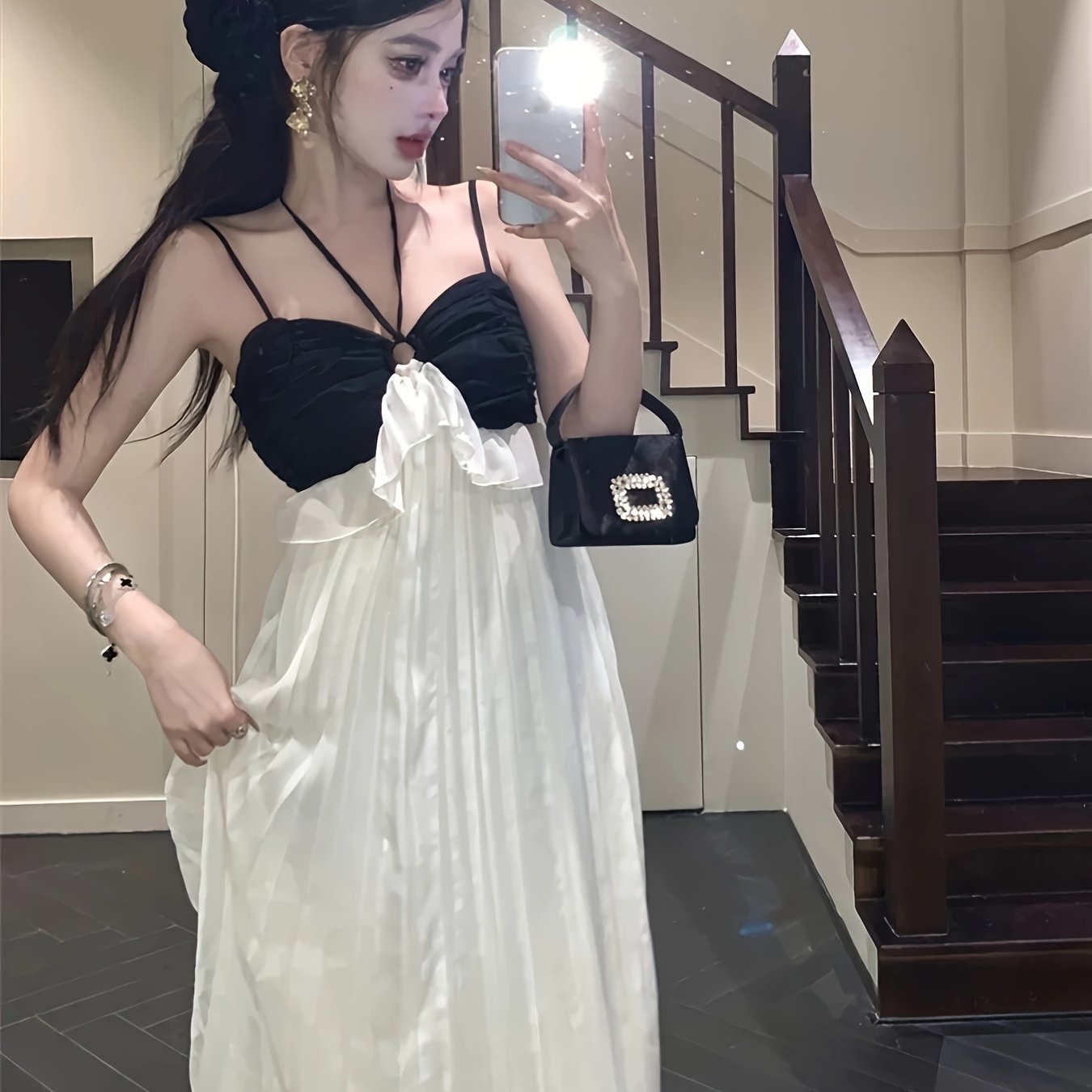 VolunoLuxe French-Inspired Maxi Dress – Elegant Color Block Off-Shoulder High-Low Gown
