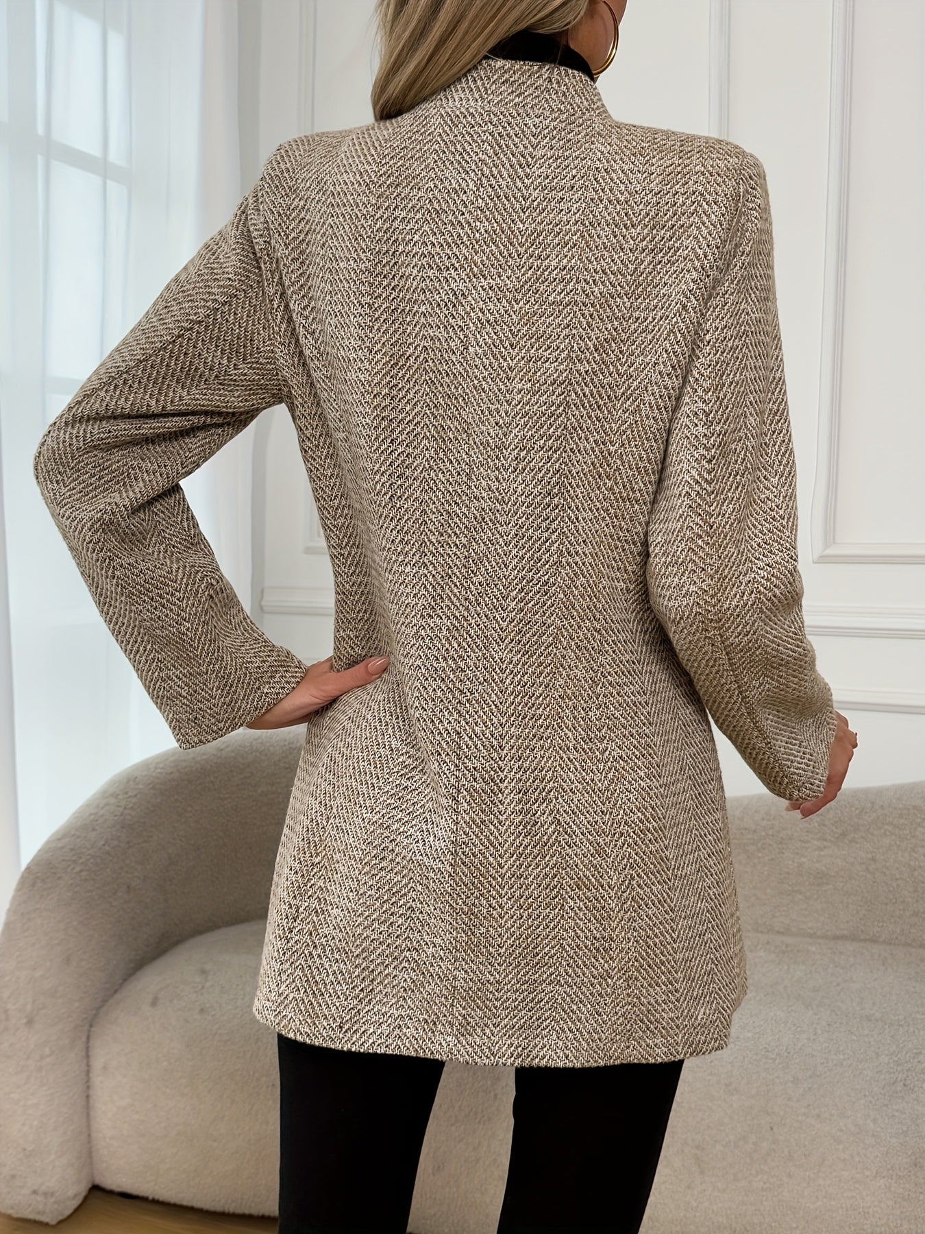 Volunoluxe Women’s Tweed Coat – Elegant Beige H-Silhouette Long Sleeve Winter Jacket for Office, Parties & Casual Wear, Non-Stretch Tailored Fit