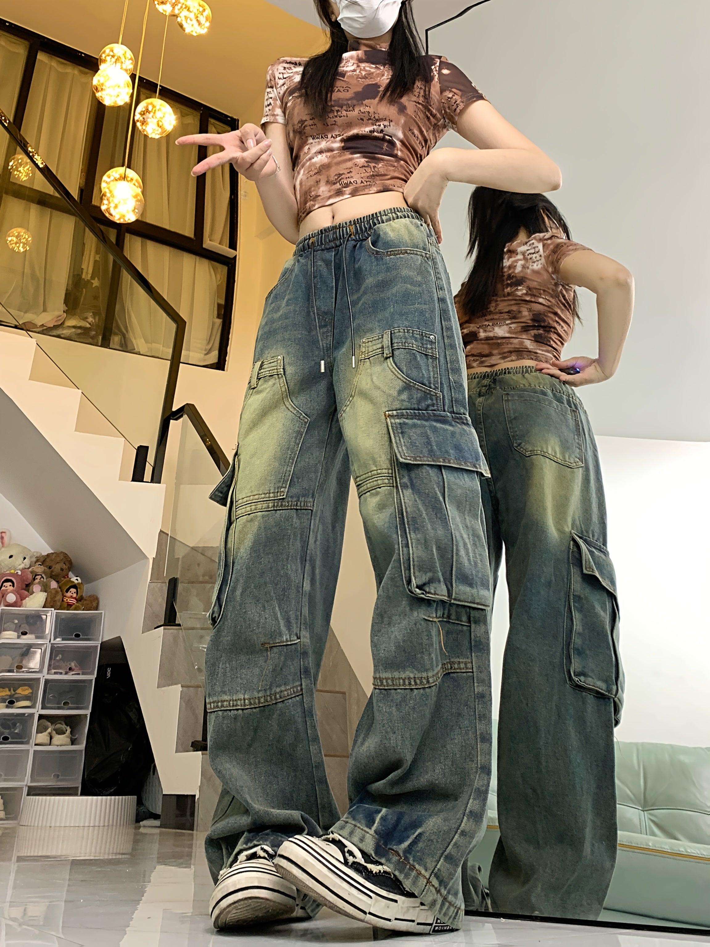 VolunoLuxe Women’s Retro High-Rise Cargo Jeans – Loose Fit Wide-Leg Utility Denim with Multi Pockets, Vintage Blue Cotton Hip-Hop Streetwear Pants